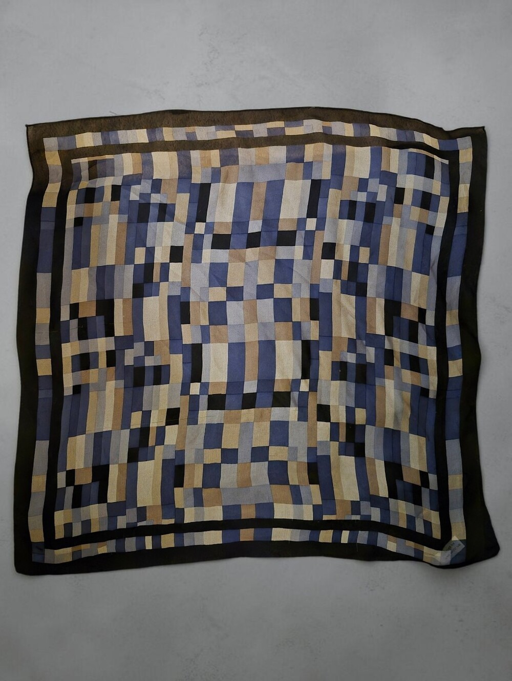 Geometric Checkered Silk Scarf in Blue and Tan